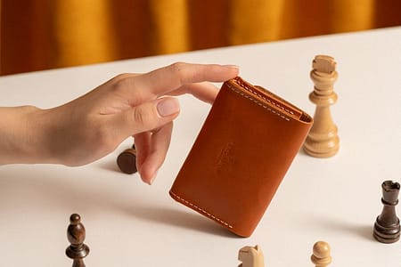 hand of a woman holding a leather purse